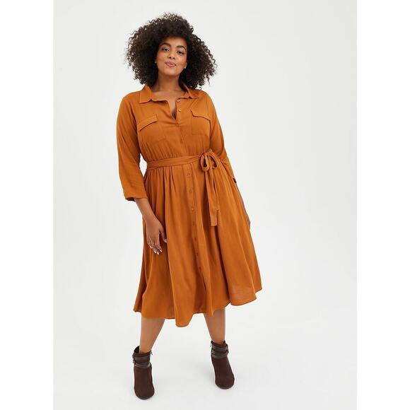 Torrid Brown Lenny 3/4 Sleeve Midi Belted Dress Size 1/1X 14/16 NWT Boho stretch - Picture 9 of 12